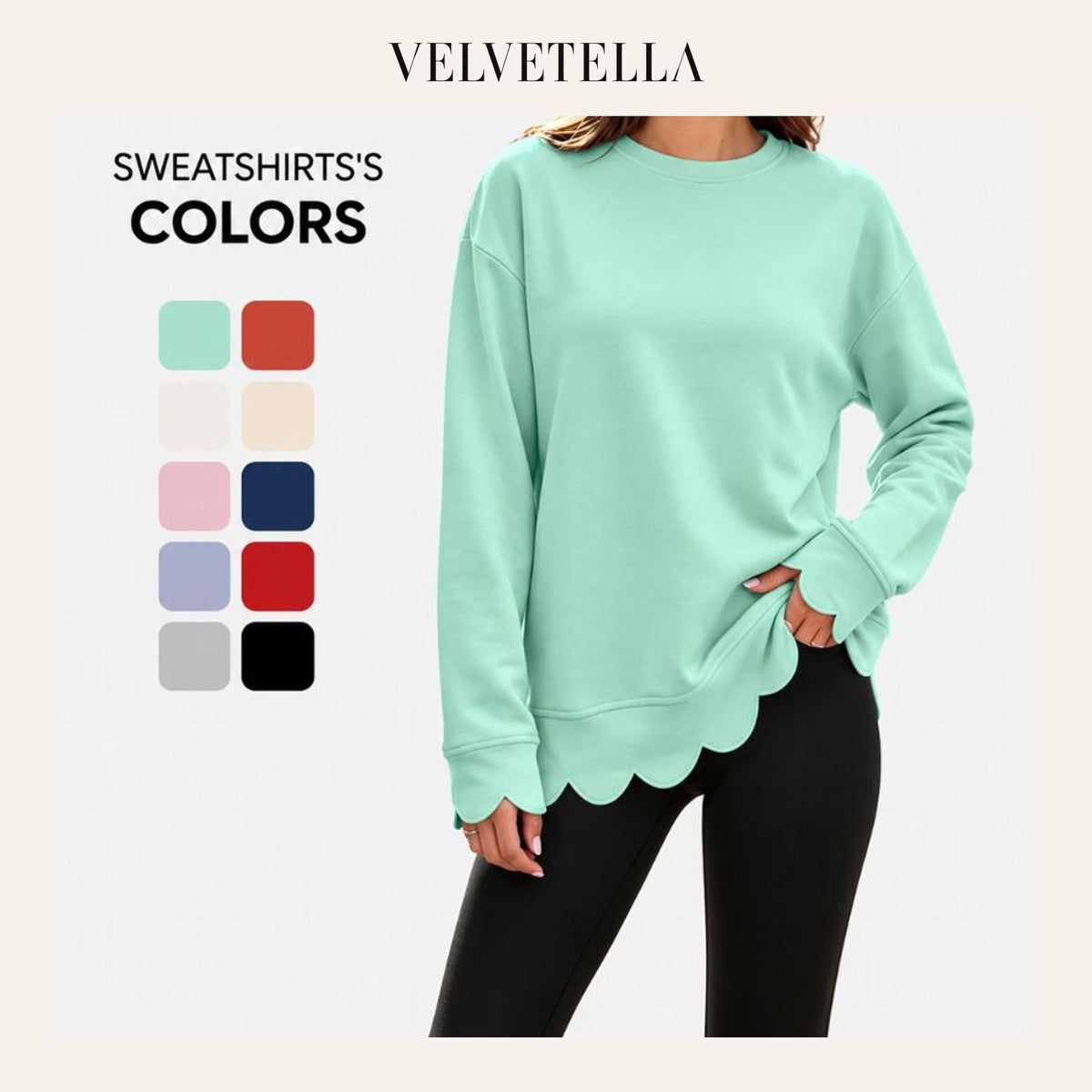 Scallop Hem Oversized Crewneck Sweatshirt | Velvetella