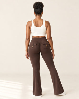 Sculpt Scrunch Flare Pant with Pockets in Cocoa – back | Velvetella