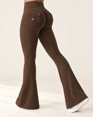 Sculpt Scrunch Flare Pant with Pockets in Cocoa – feature | Velvetella