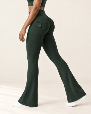 Sculpt Scrunch Flare Pant with Pockets in Green – feature | Velvetella