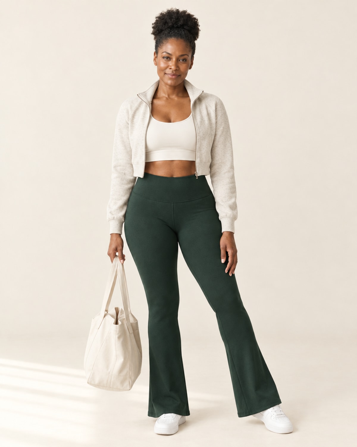 Sculpt Scrunch Flare Pant with Pockets in Green – full look | Velvetella