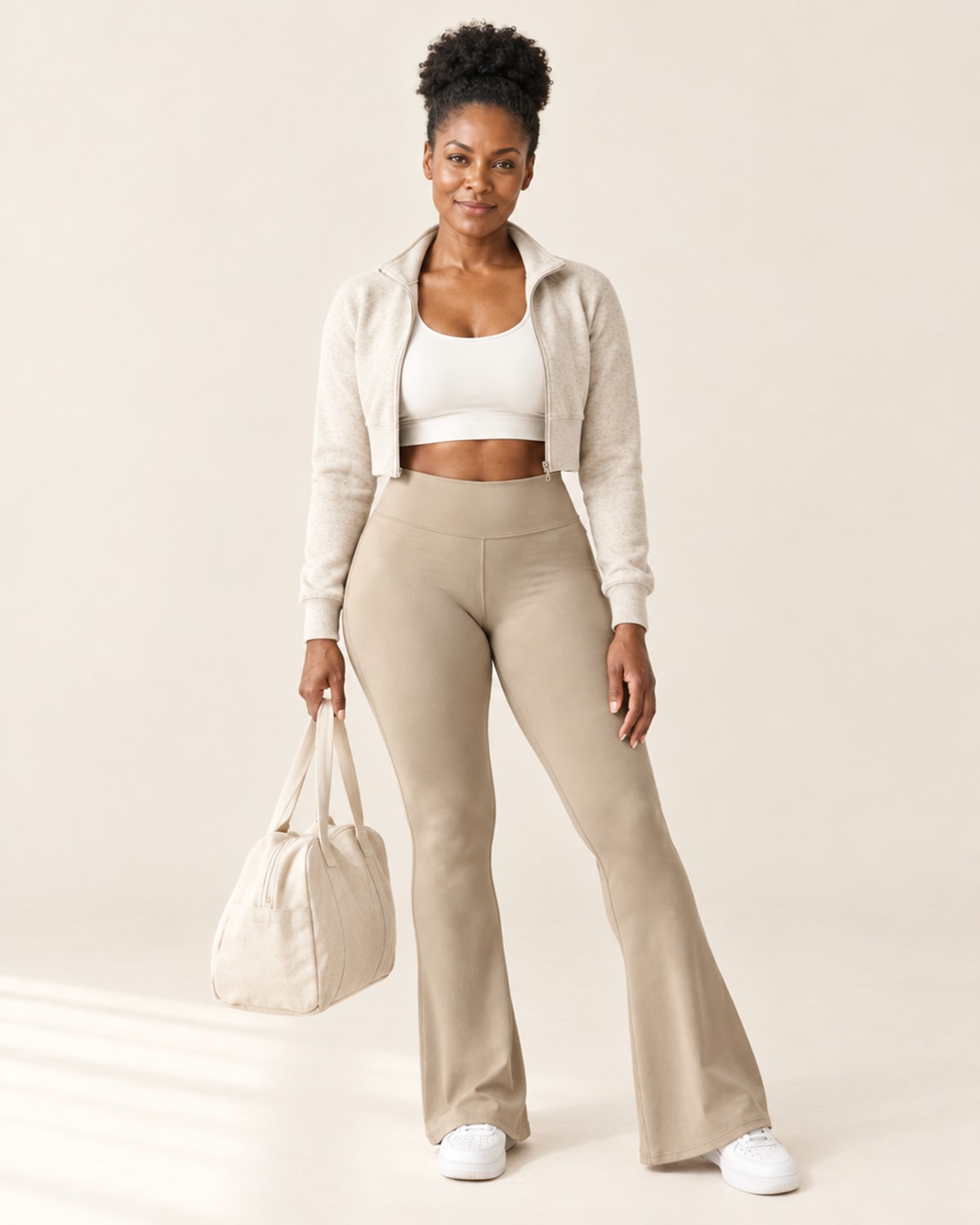 Sculpt Scrunch Flare Pant with Pockets in Khaki – full look | Velvetella