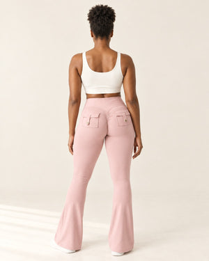Sculpt Scrunch Flare Pant with Pockets in Pink – back | Velvetella