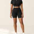 Seamless Rib Crop Top & Short Set in Black – front | Velvetella