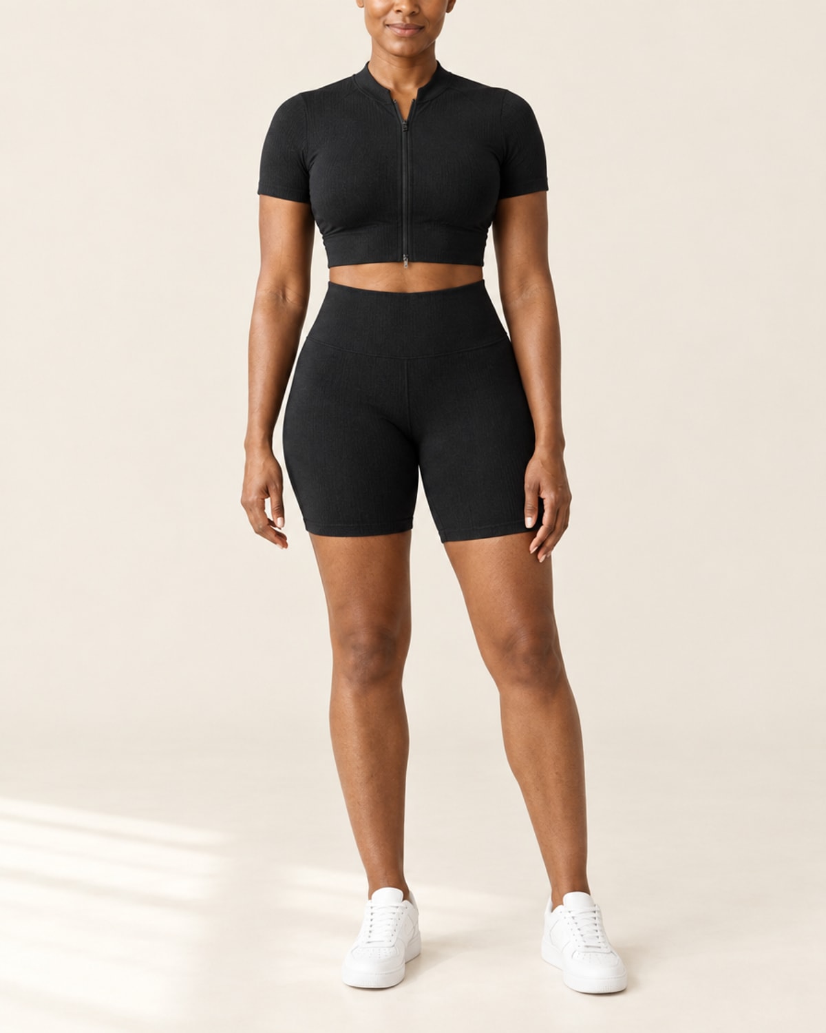 Seamless Rib Crop Top & Short Set in Black – front | Velvetella