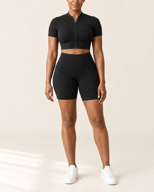 Seamless Rib Crop Top & Short Set in Black – front | Velvetella