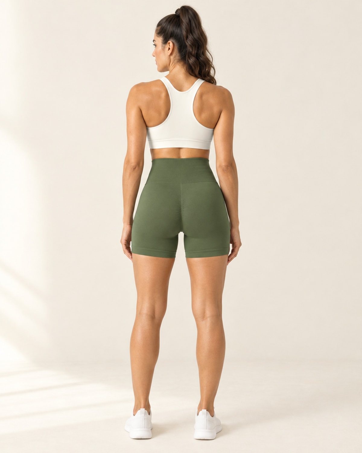 Seamless Scrunch Short in Army Green – back | Velvetella