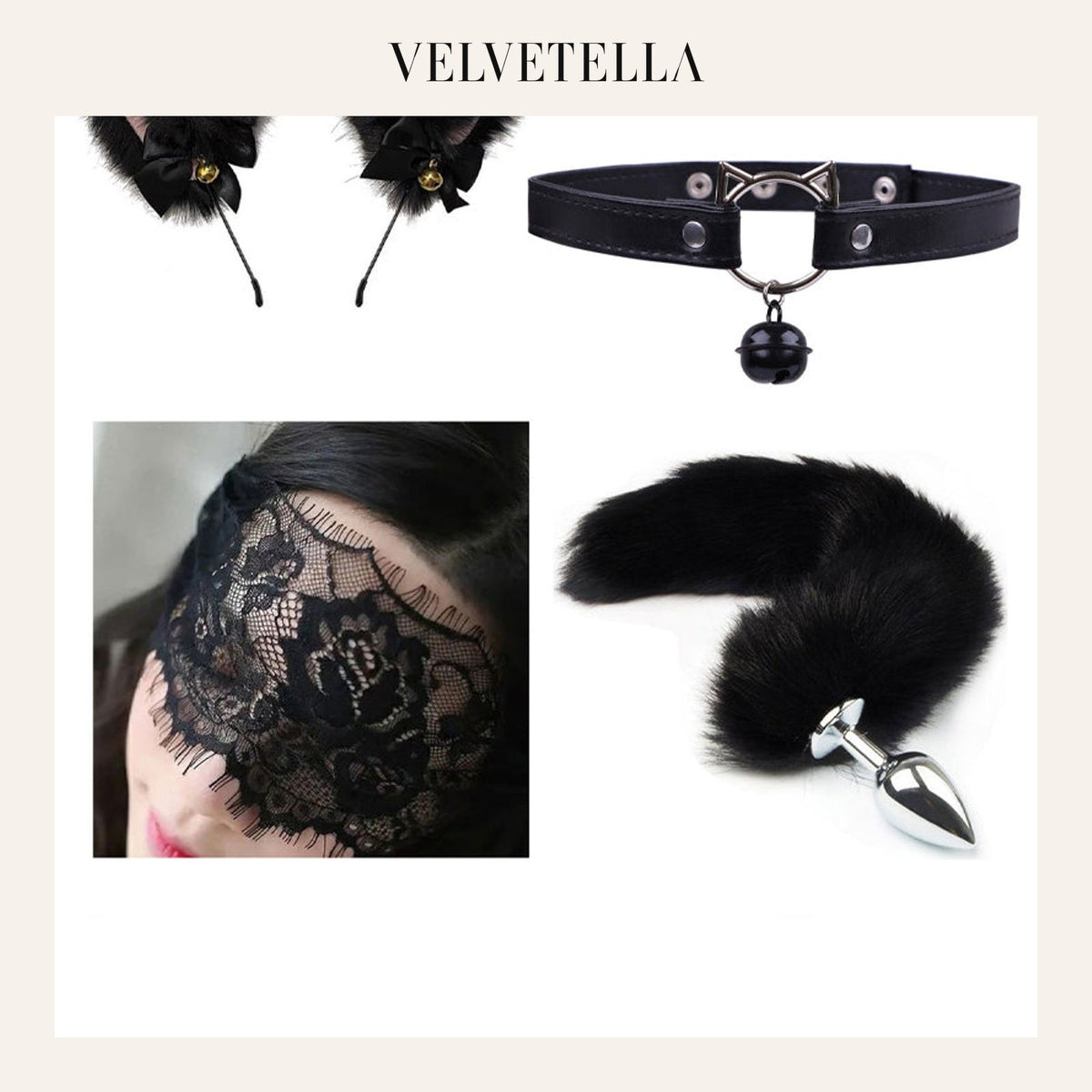 Sexy Bell Collar Tail Jewelry Maid Costume Headdress Neck Accessory Props Set | Velvetella