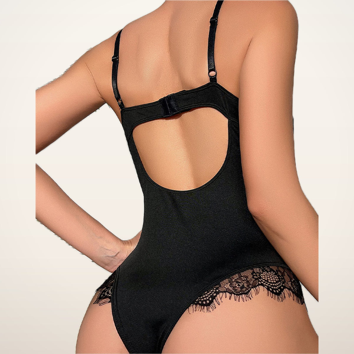 Noir Lace Cutout-Back Bodysuit | Velvetella