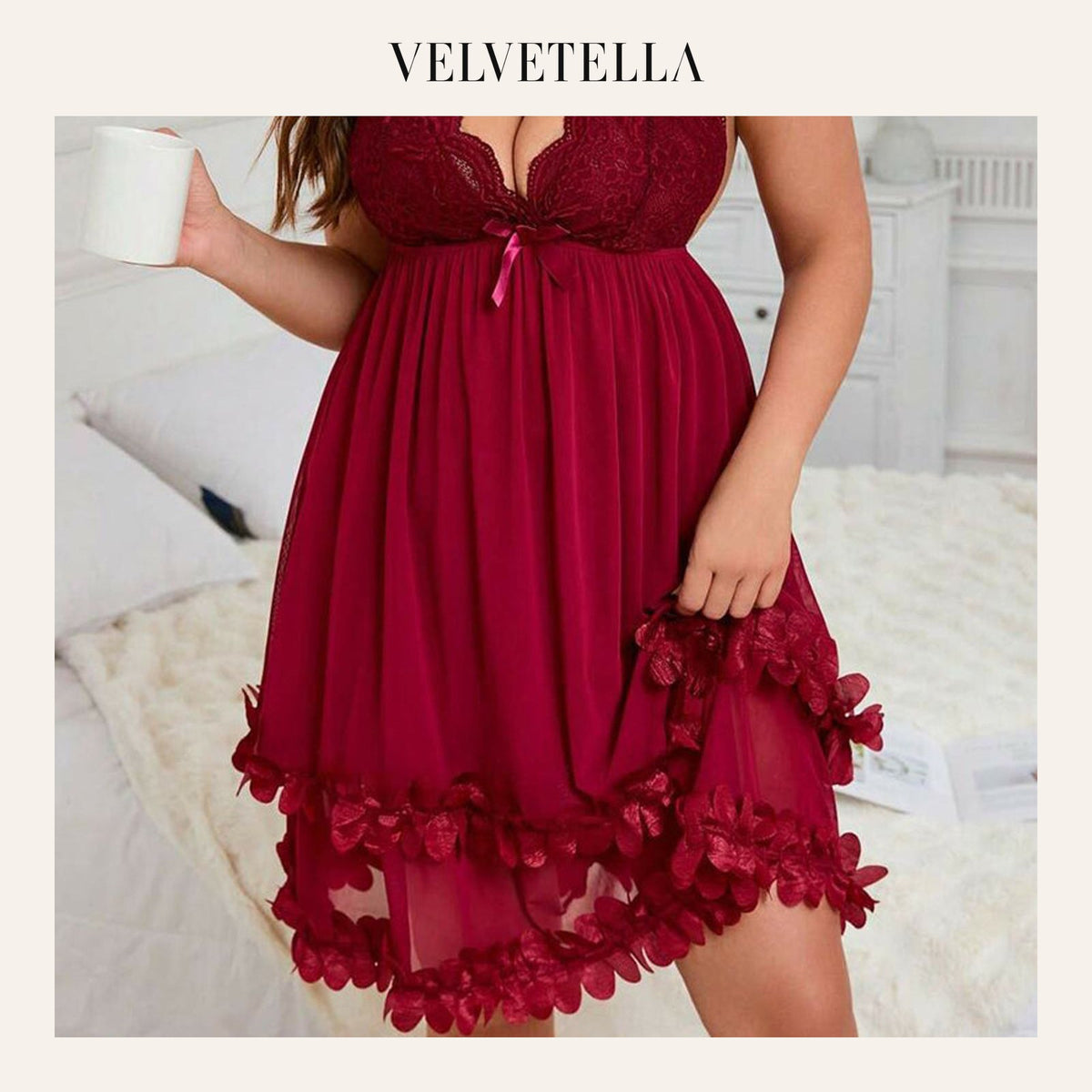Sexy Plus Size 3D Floral Lace Sheer Camisole Nightdress | Velvetella