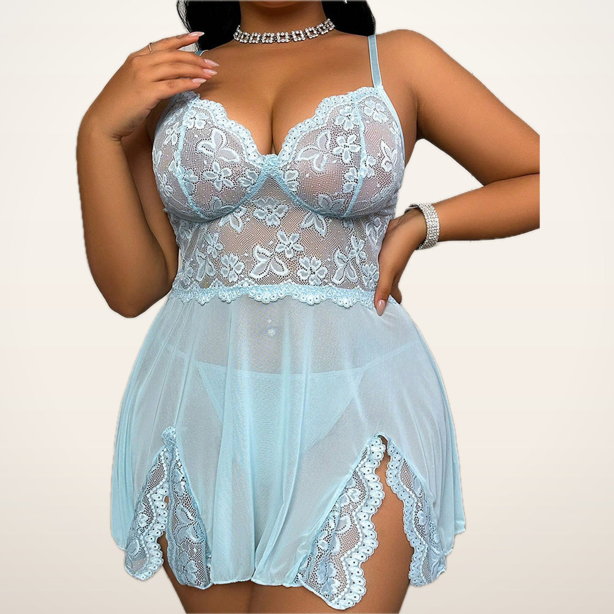 Noir Curve Lace Slit Slip Dress & G-String | Velvetella