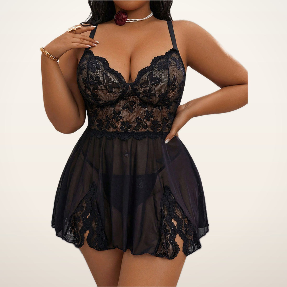 Noir Curve Lace Slit Slip Dress & G-String | Velvetella