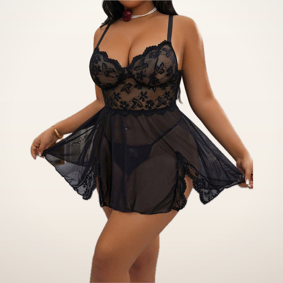 Noir Curve Lace Slit Slip Dress & G-String | Velvetella