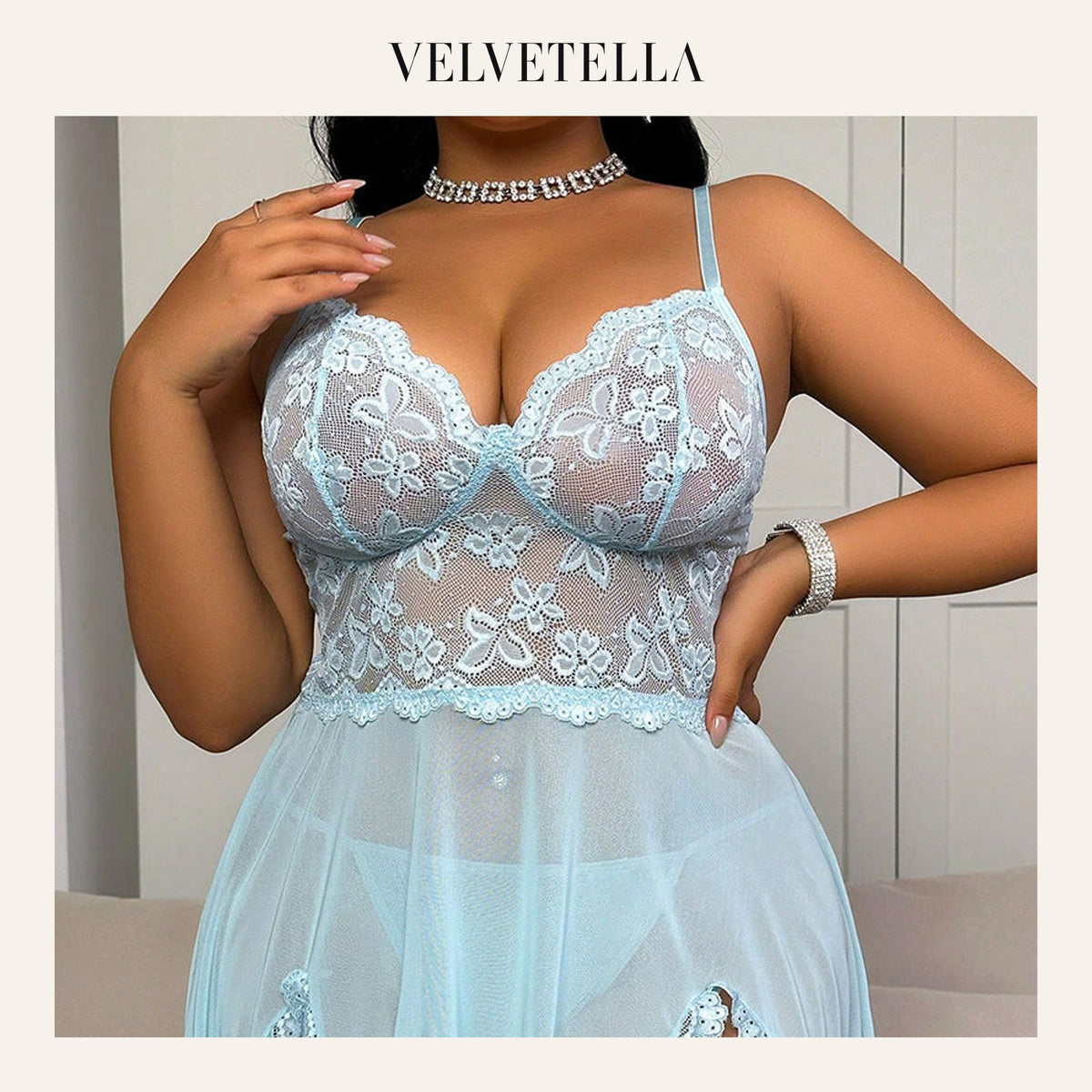 Sexy Plus Size Lace & Mesh Slit Slip Dress with G-String | Velvetella