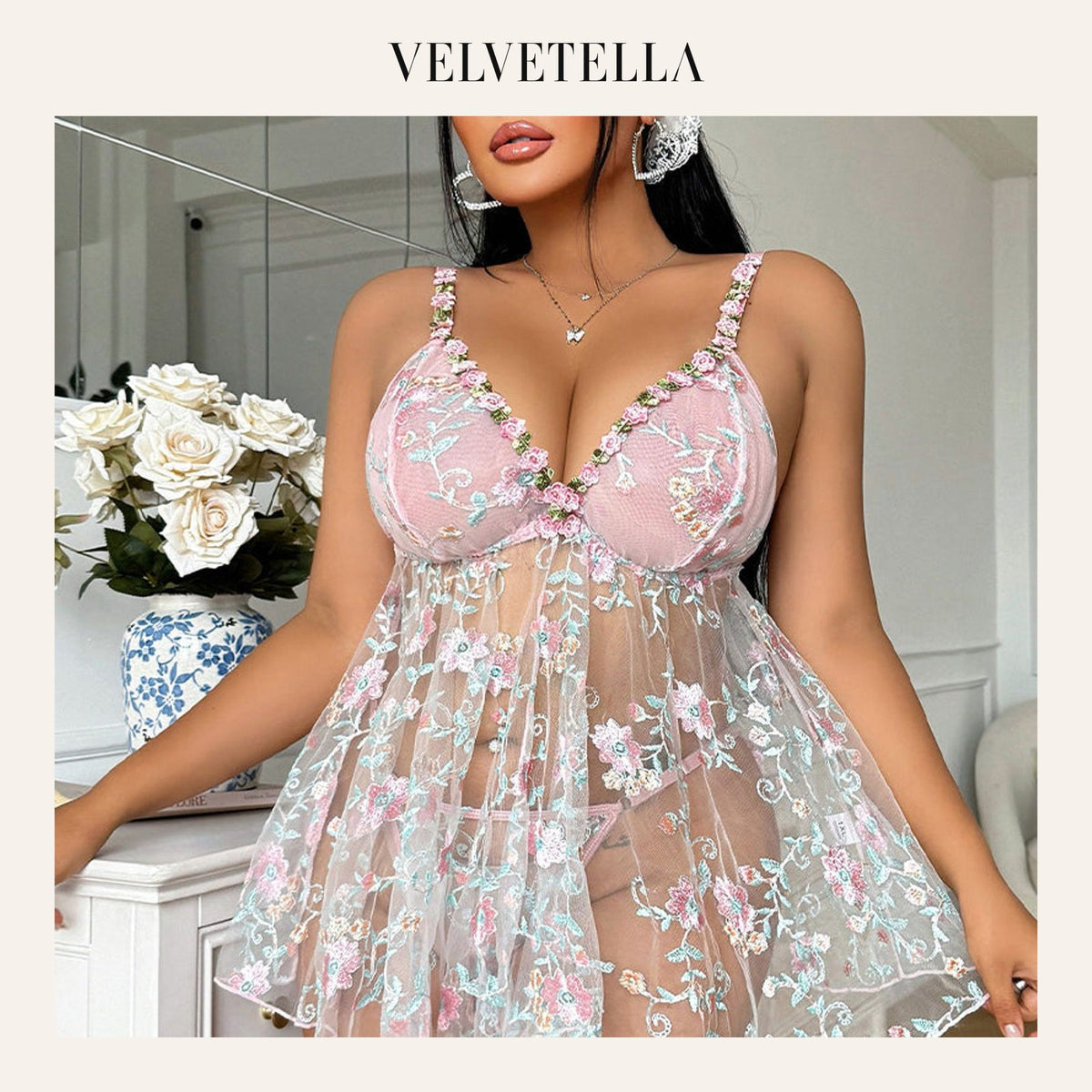 Sexy Plus Size Sheer Satin Nightdress & Panty Set | Velvetella