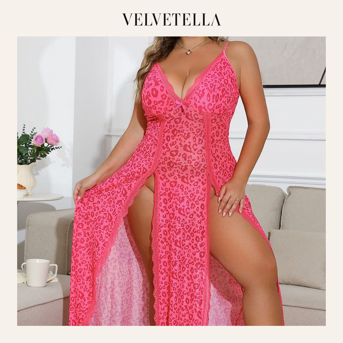 Sexy Sheer Backless Long Nightdress Set with Side Slit & Panty | Velvetella