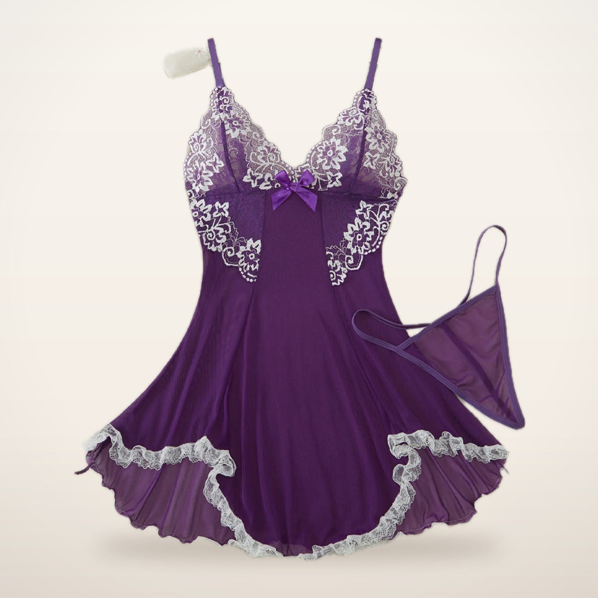 Noir V-Neck Sheer Lace Nightgown & G-String | Velvetella
