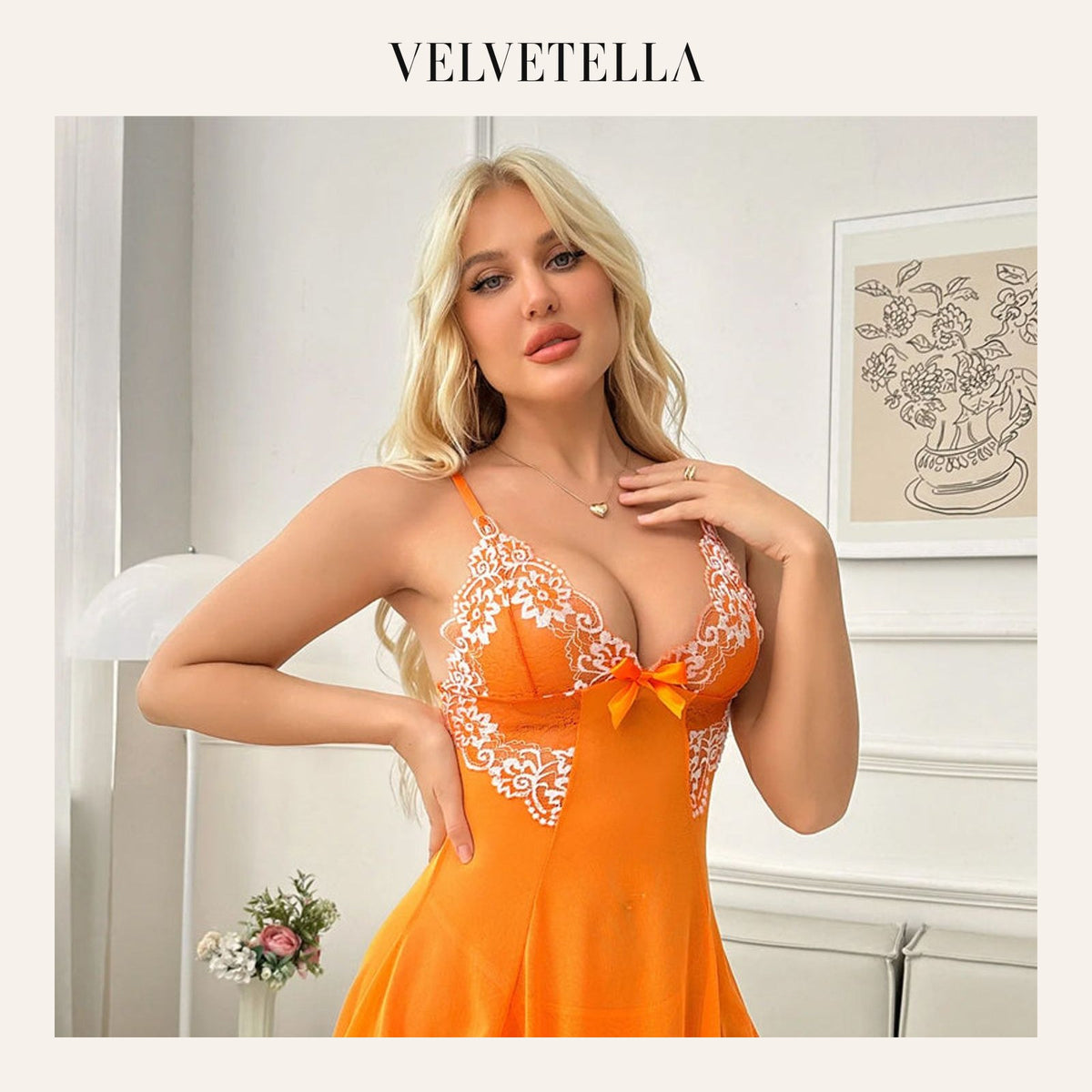 Sexy V Neck Sheer Lace Nightgown with G-String | Velvetella