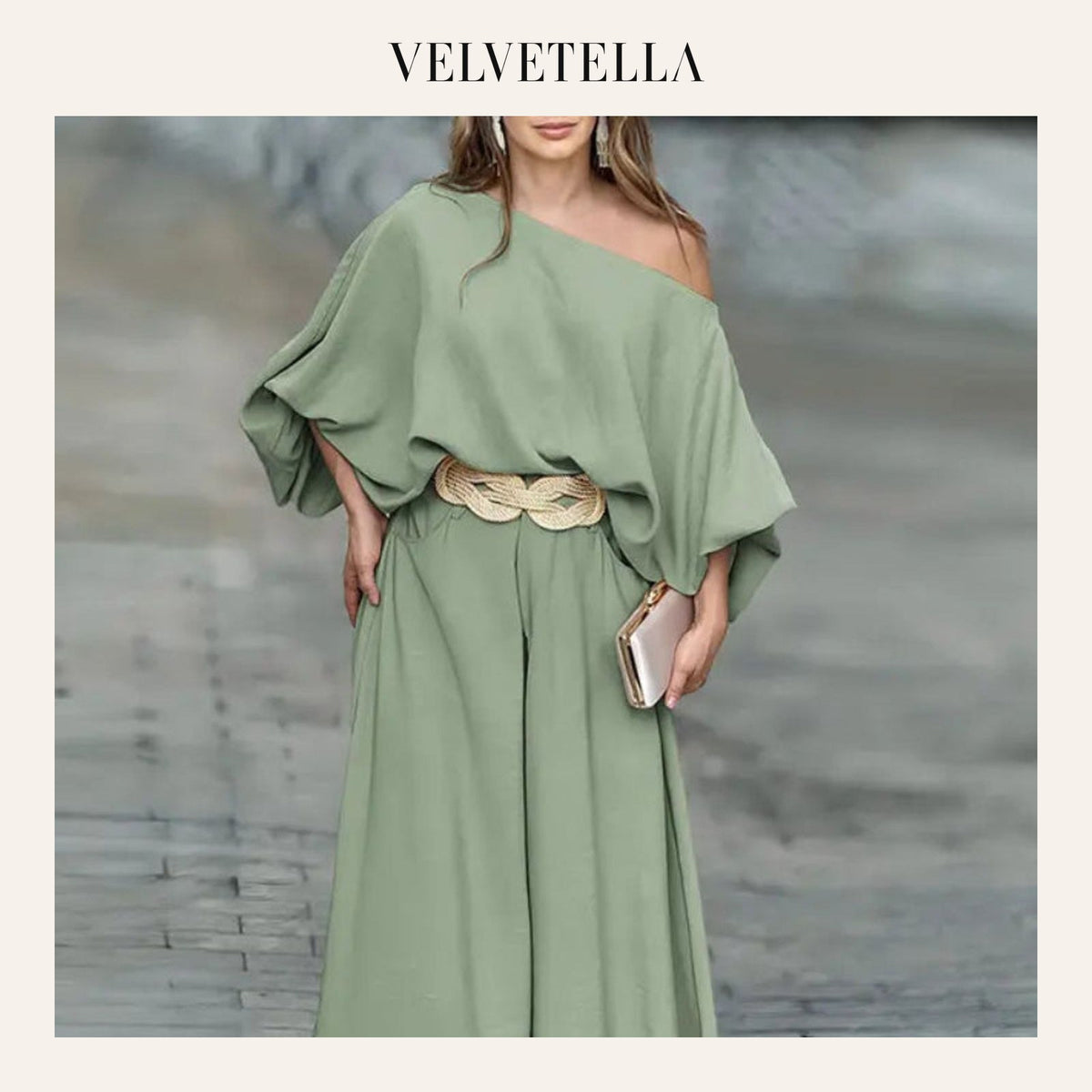 Skew Neck Set – Lantern Top & Wide Leg Pants | Velvetella