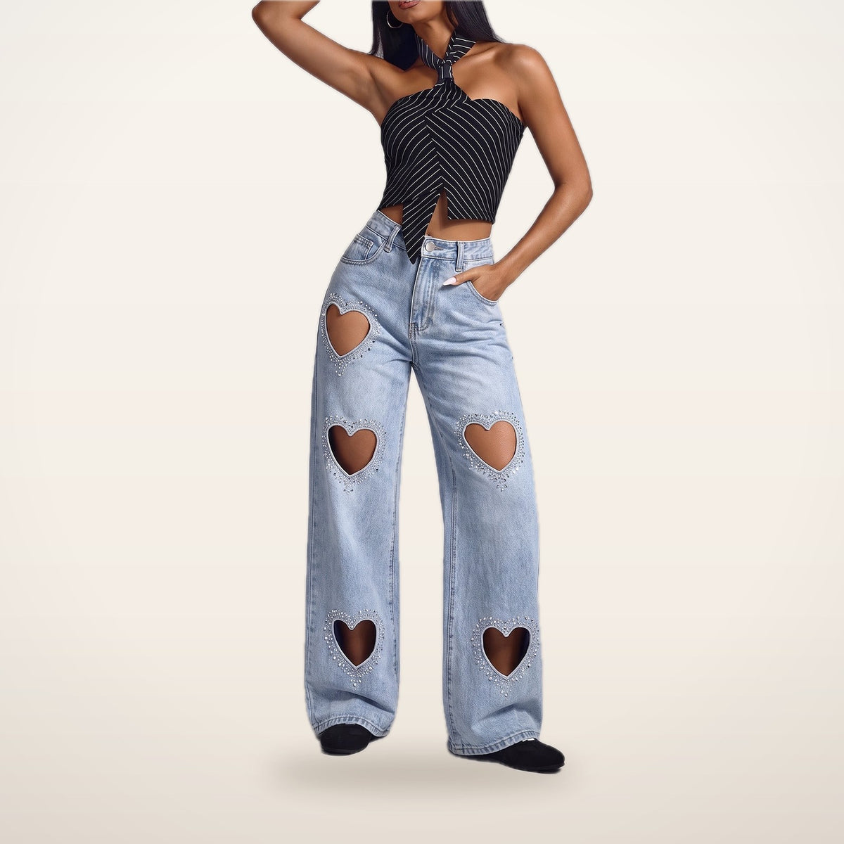 Starla Rhinestone Heart Wide-Leg Jeans | Velvetella