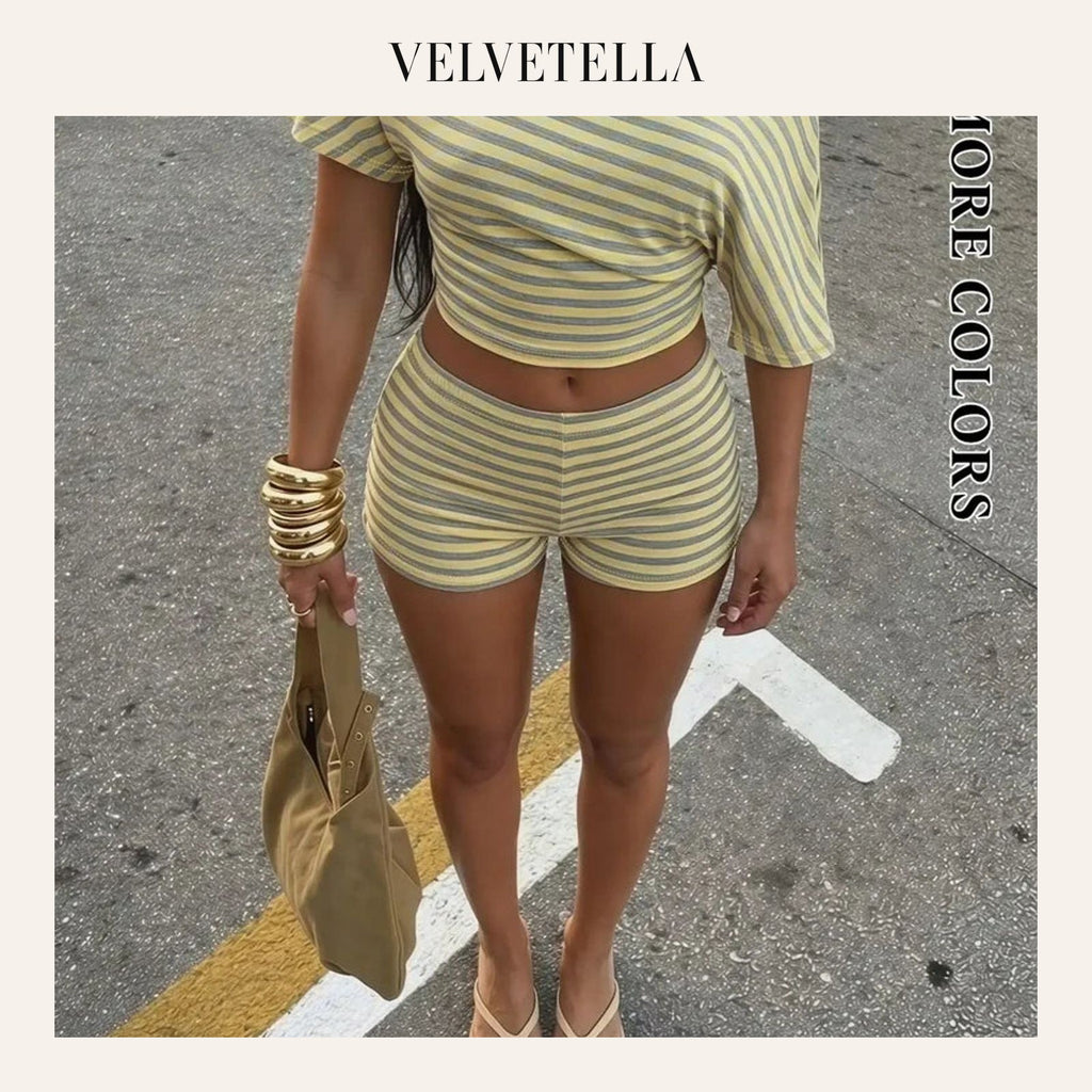 Striped Off-Shoulder Crop Top & High-Waist Shorts Set | Velvetella