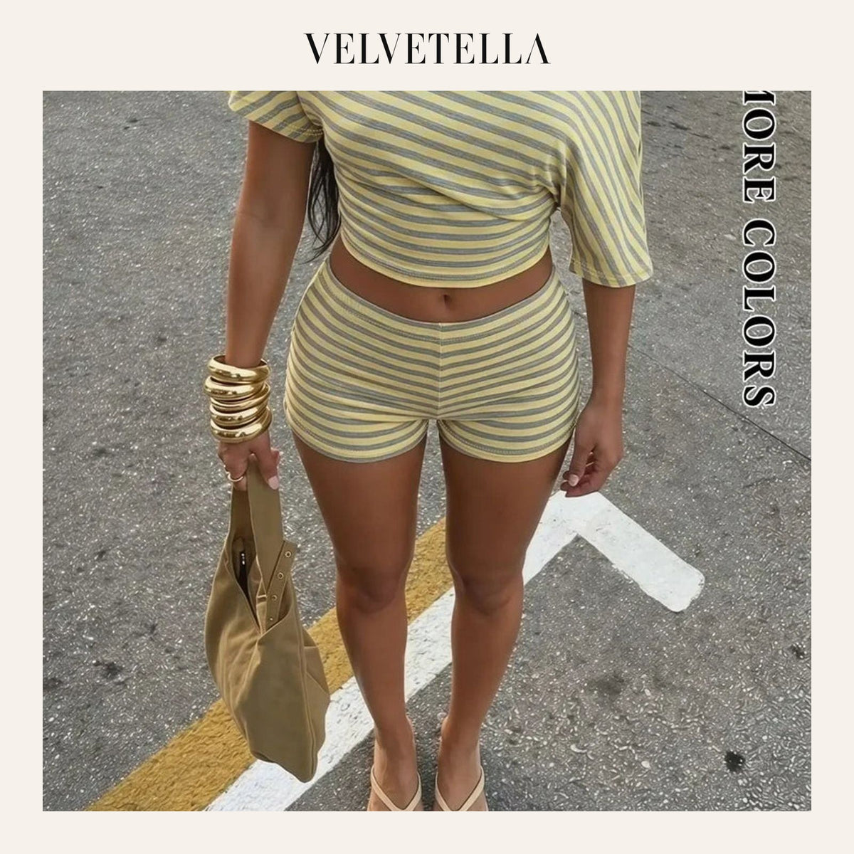 Striped Off-Shoulder Crop Top & High-Waist Shorts Set | Velvetella