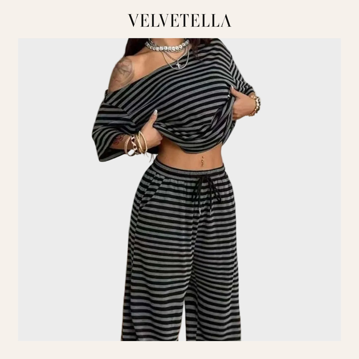 Striped Off-Shoulder Wide-Leg Two-Piece Set | Velvetella