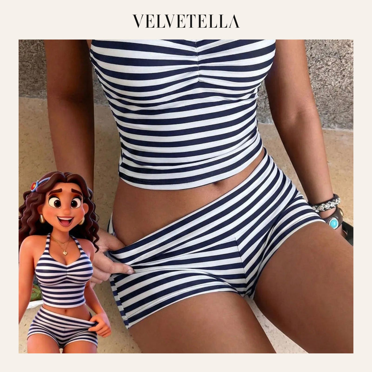 Striped Tankini – Halter Crop Top & Boyshorts Beach Vacation Sporty | Velvetella