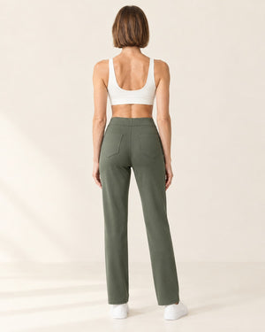 Studio Button Straight-Leg Pant in Army Green – back | Velvetella