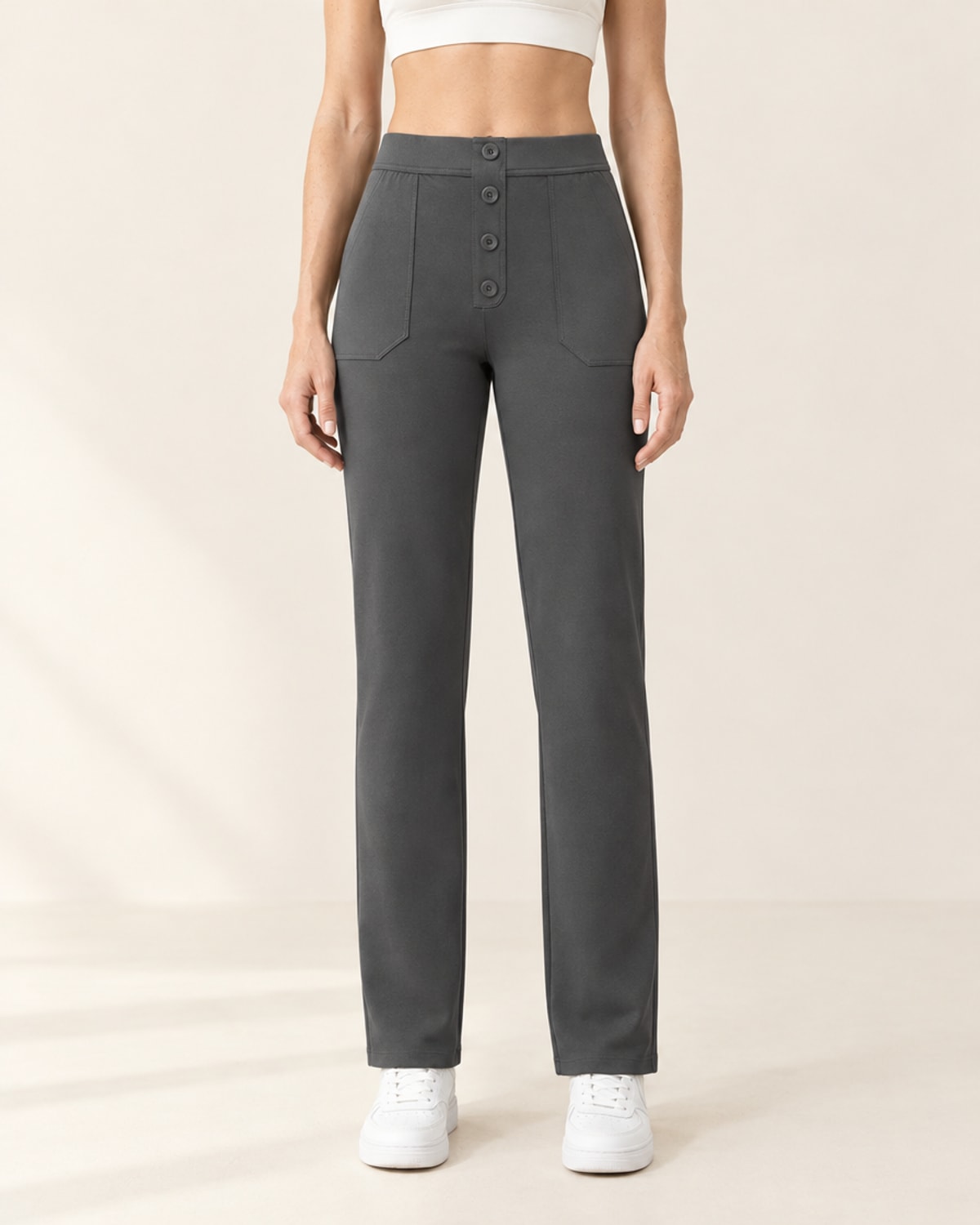 Studio Button Straight-Leg Pant in Charcoal Grey – front | Velvetella