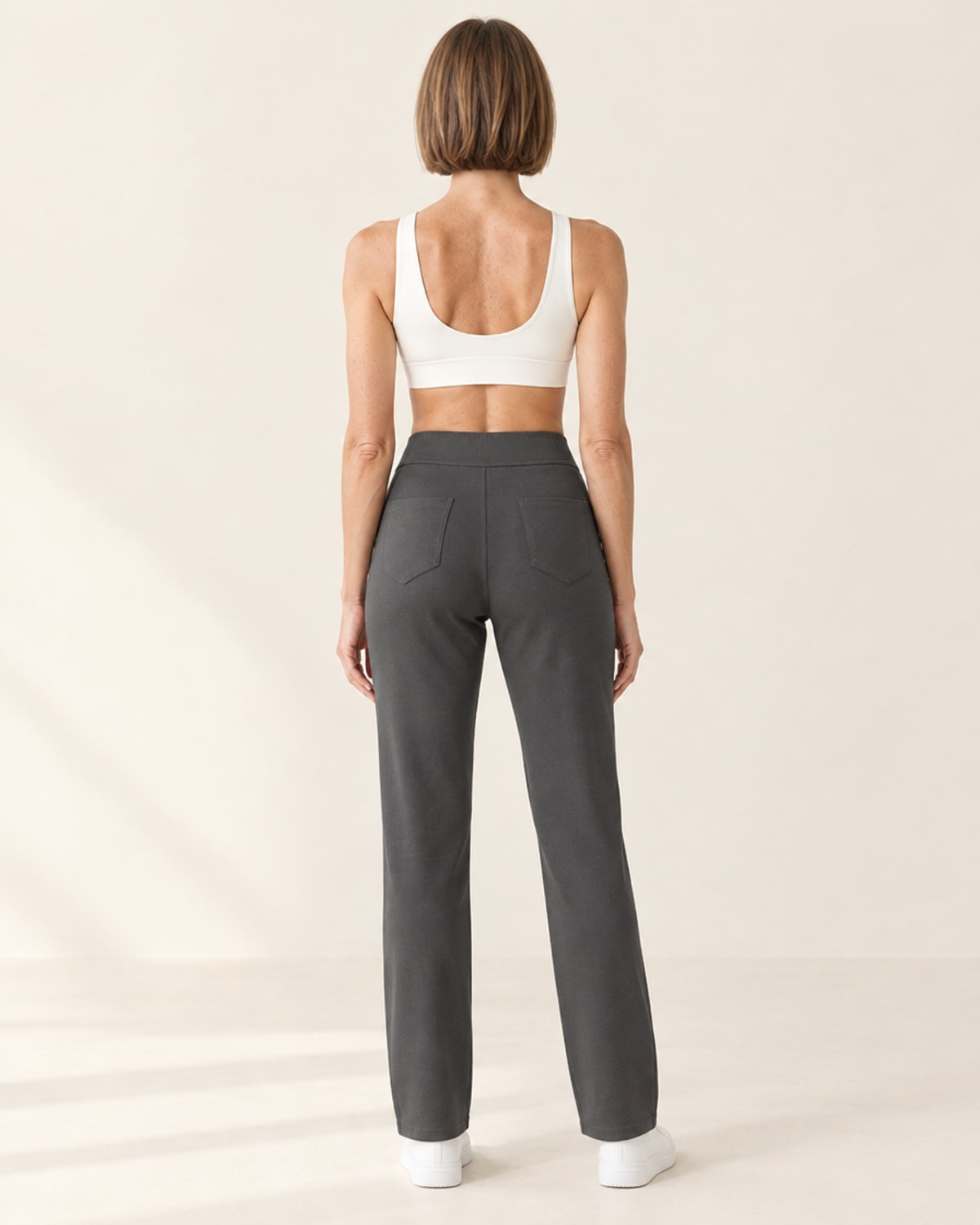 Studio Button Straight-Leg Pant in Charcoal Grey – back | Velvetella
