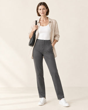 Studio Button Straight-Leg Pant in Charcoal Grey – full look | Velvetella