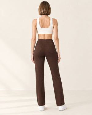 Studio Button Straight-Leg Pant in Dark Brown – back | Velvetella
