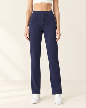 Studio Button Straight-Leg Pant in Navy Blue – front | Velvetella