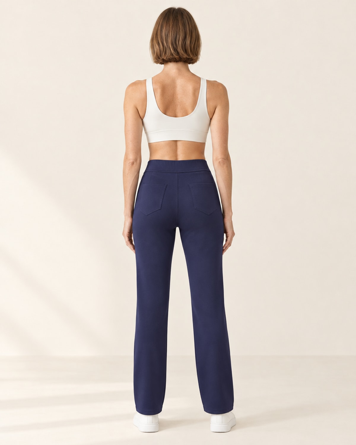 Studio Button Straight-Leg Pant in Navy Blue – back | Velvetella