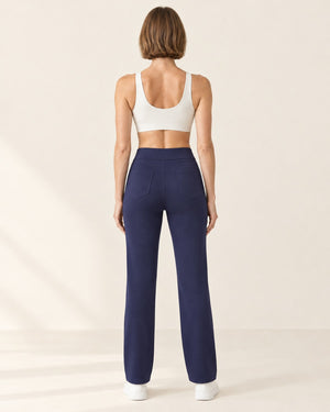 Studio Button Straight-Leg Pant in Navy Blue – back | Velvetella