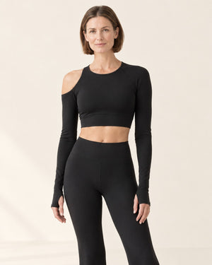 Studio One-Shoulder Cutout Long Sleeve in Black – front | Velvetella