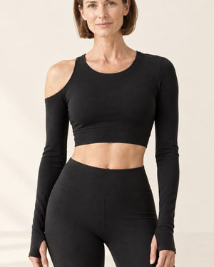 Studio One-Shoulder Cutout Long Sleeve in Black – detail | Velvetella