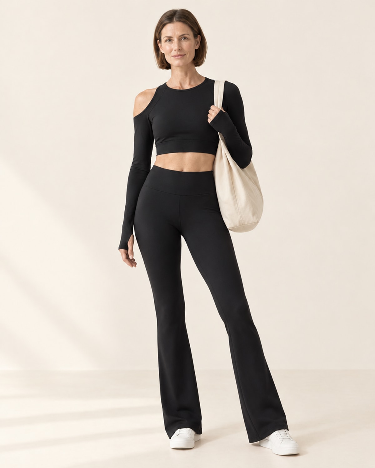 Studio One-Shoulder Cutout Long Sleeve in Black – full look | Velvetella