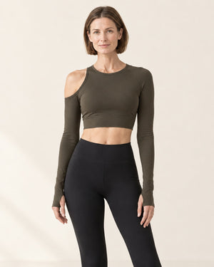 Studio One-Shoulder Cutout Long Sleeve in Olive – front | Velvetella