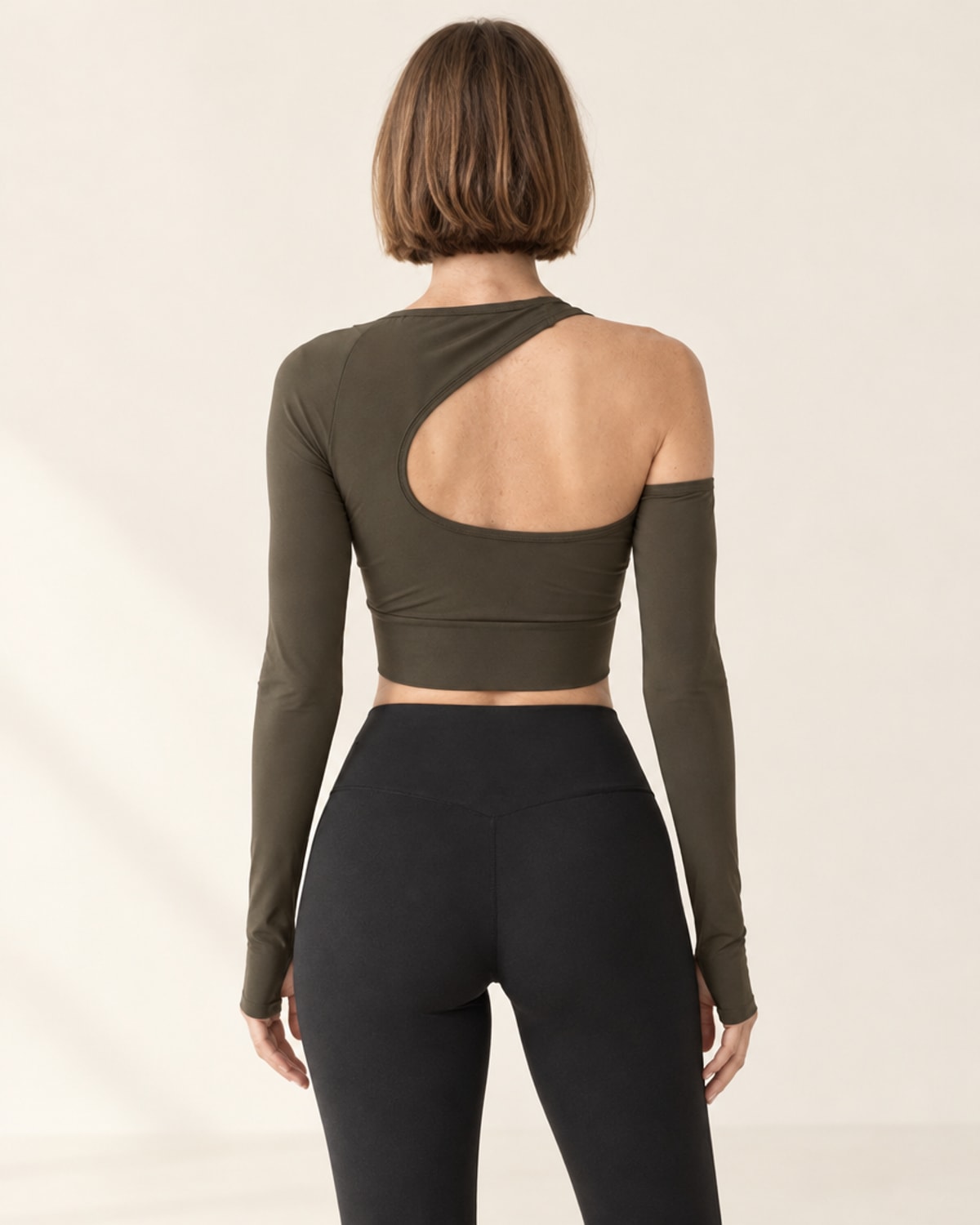 Studio One-Shoulder Cutout Long Sleeve in Olive – back | Velvetella