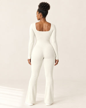Studio Rib Flare Jumpsuit in Beige – back | Velvetella