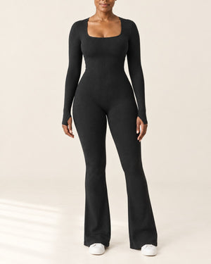 Studio Rib Flare Jumpsuit in Black – front | Velvetella