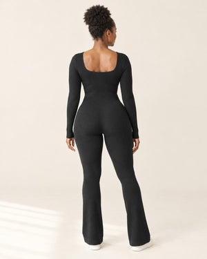 Studio Rib Flare Jumpsuit in Black – back | Velvetella