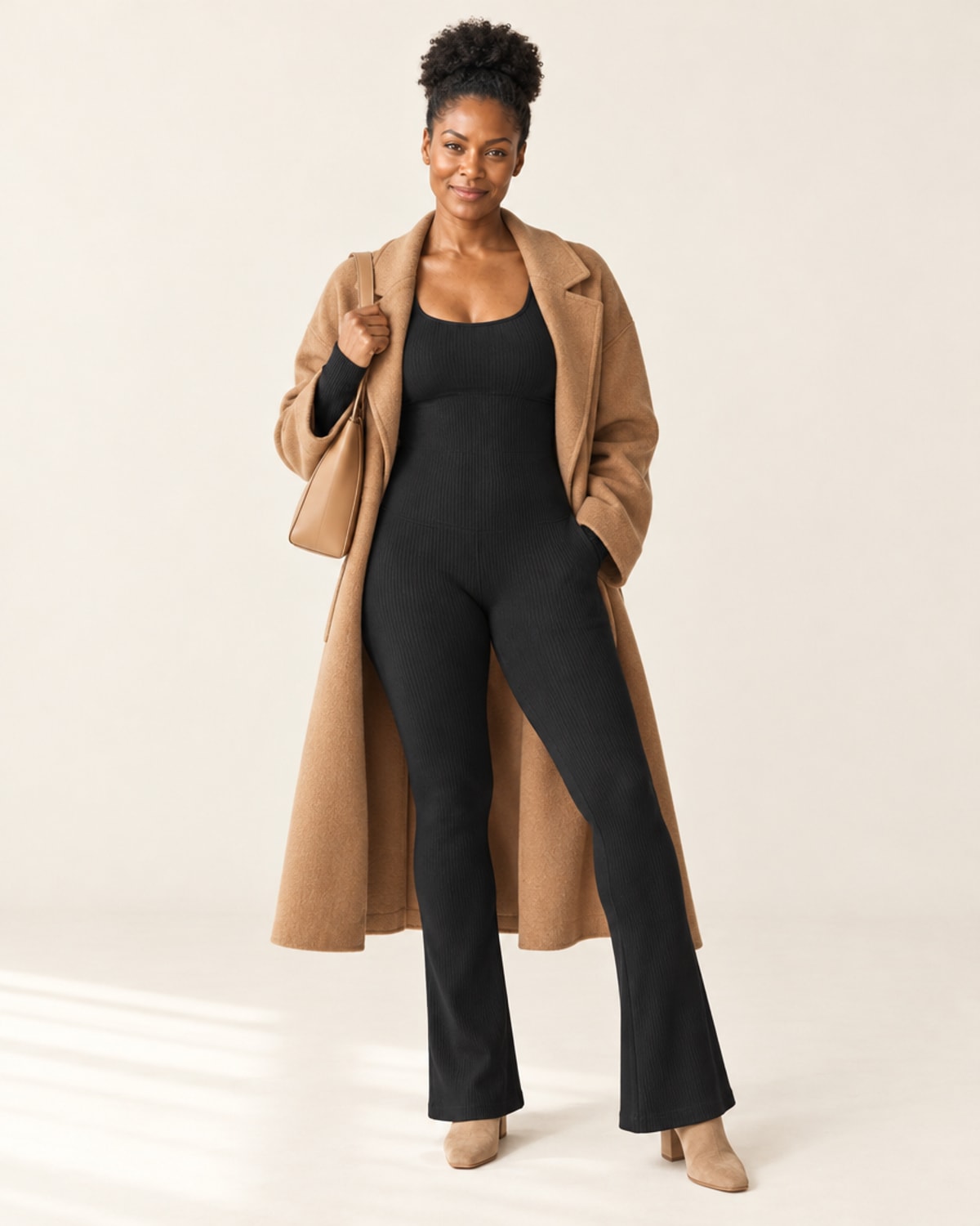 Studio Rib Flare Jumpsuit in Black – full look | Velvetella