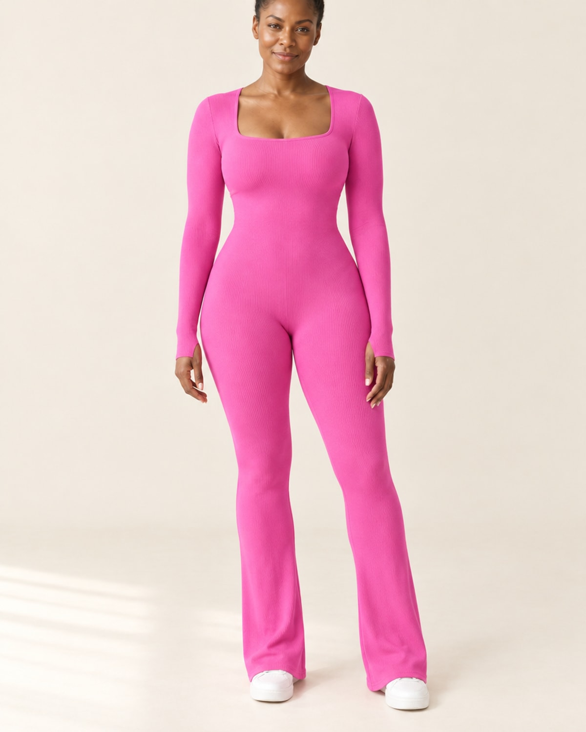 Studio Rib Flare Jumpsuit in Bright Pink – front | Velvetella