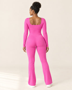 Studio Rib Flare Jumpsuit in Bright Pink – back | Velvetella