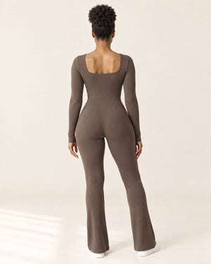 Studio Rib Flare Jumpsuit in Mocha – back | Velvetella