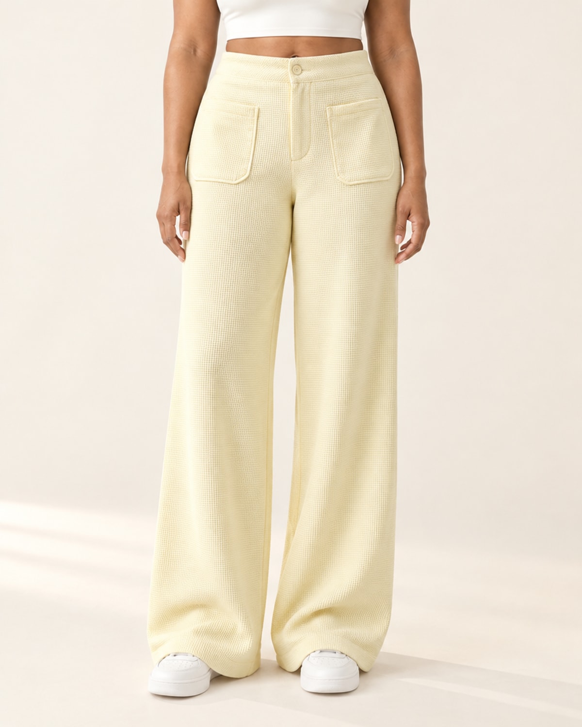 Studio Waffle Wide-Leg Pant in Beige – front | Velvetella