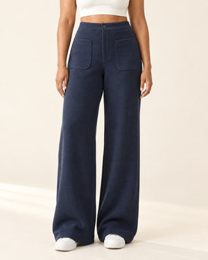 Studio Waffle Wide-Leg Pant in Dark Blue – front | Velvetella